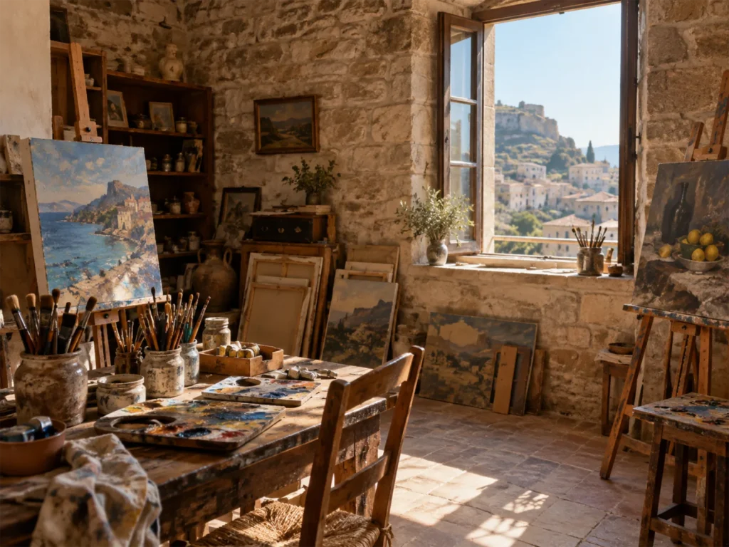 Bottega di pittura con tele, pennelli e colori alla luce di una finestra