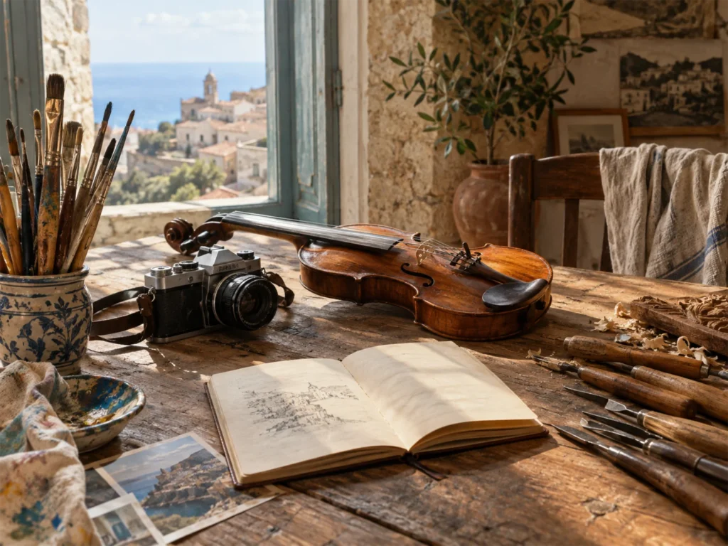 Gli strumenti delle arti: pennelli, violino, macchina fotografica e attrezzi da artigiano su un tavolo di legno