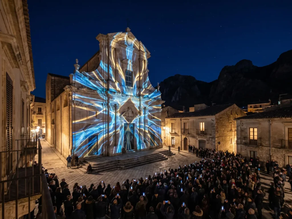Associazione culturale MADART Video mapping con onde di luce blu e oro sulla facciata barocca di una chiesa, di notte, con il pubblico in piazza e le montagne sullo sfondo