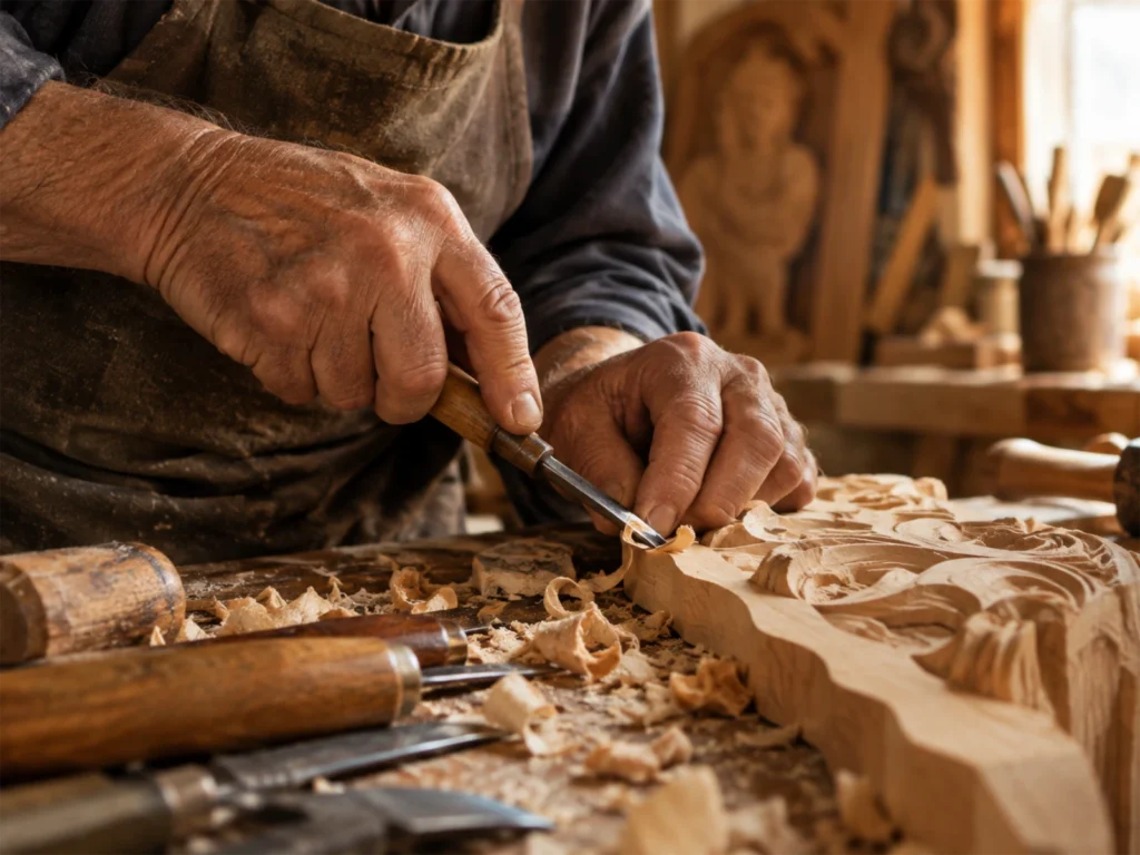 Mani di un artigiano che intaglia il legno in bottega