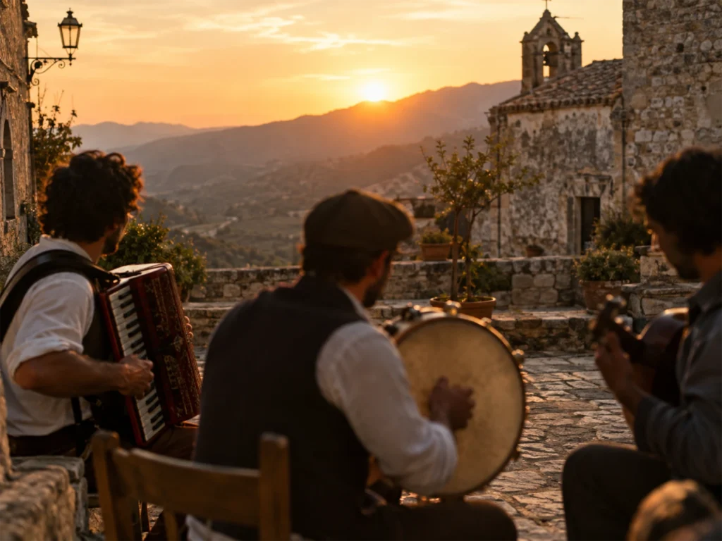 Musicisti in una piazza di paese siciliano
Musicisti suonano in una piazza di paese al tramonto