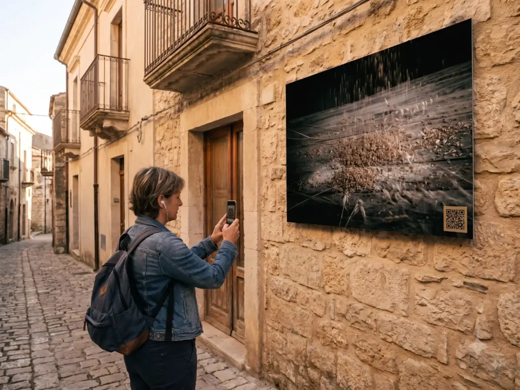 Pane Nostro: una visitatrice con lo zaino inquadra con lo smartphone il codice QR di una fotografia appesa al muro in pietra di un vicolo, con gli auricolari per ascoltare il racconto
