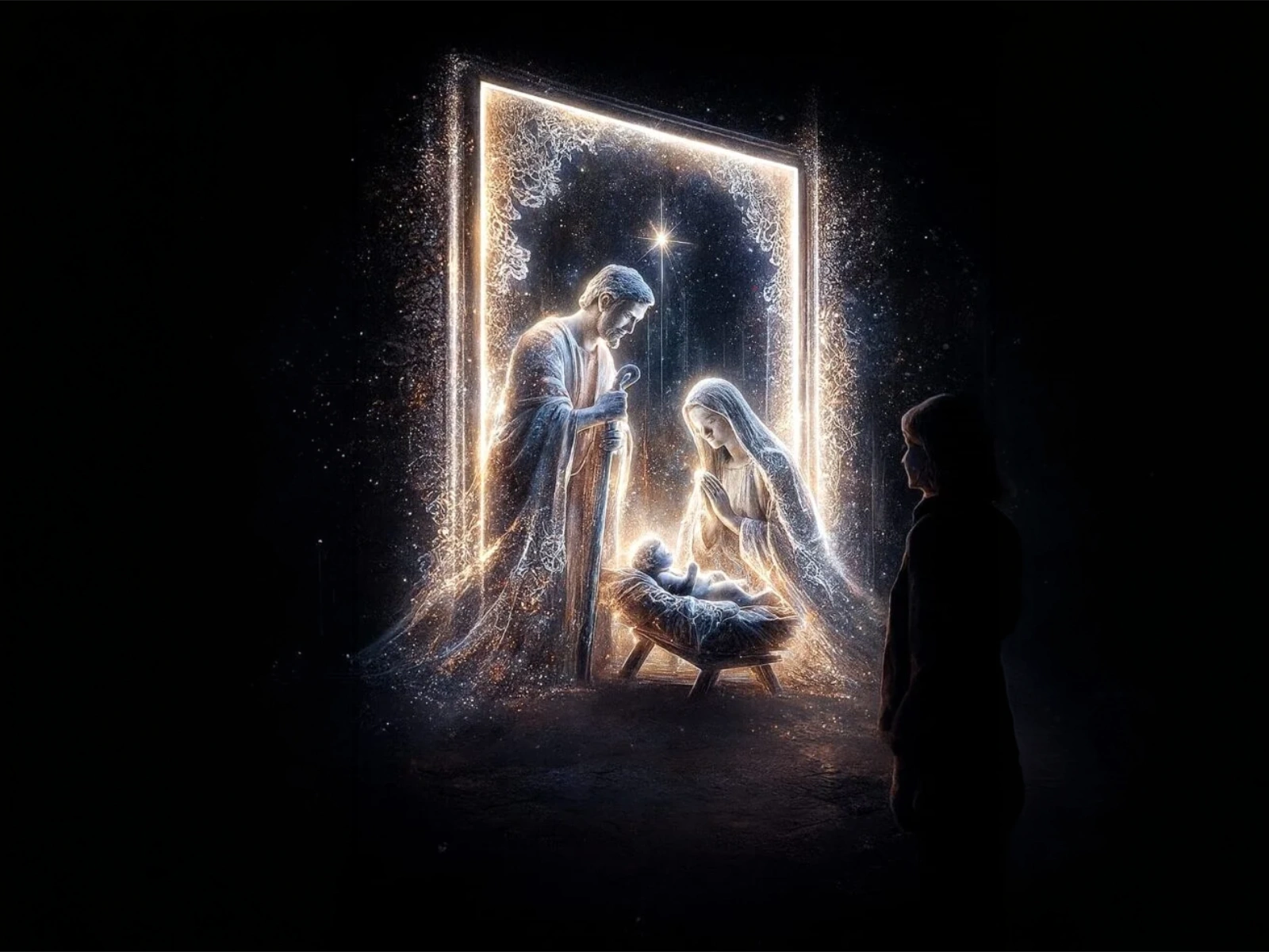 La Natività del Presepe d’InCanto fatta di luce dentro una cornice luminosa, con una visitatrice che la osserva nel buio