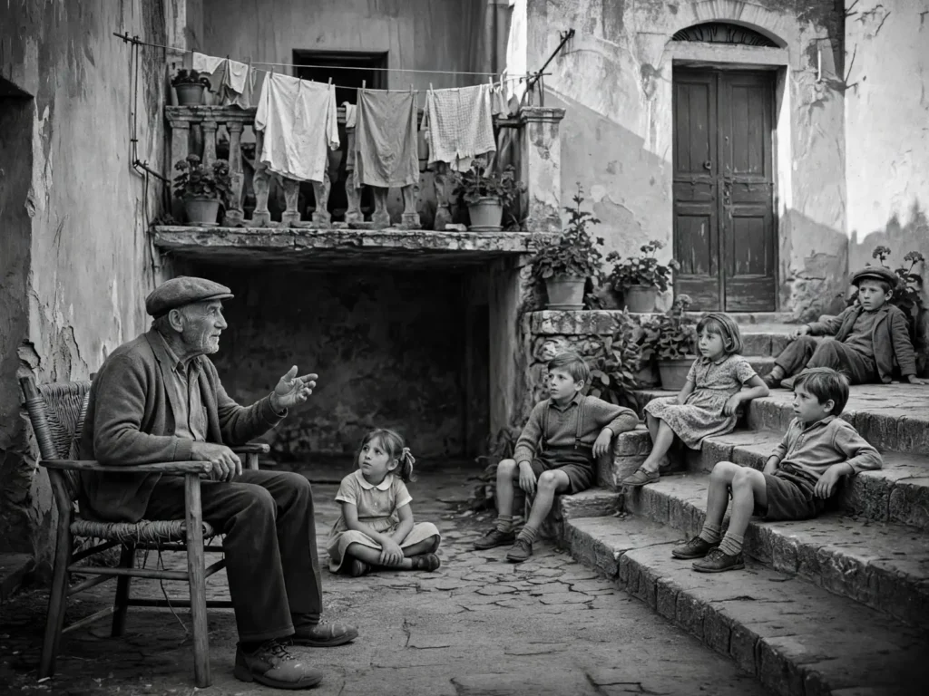 Ucuntu: anziano con la coppola racconta storie ai bambini in un cortile siciliano, in bianco e nero