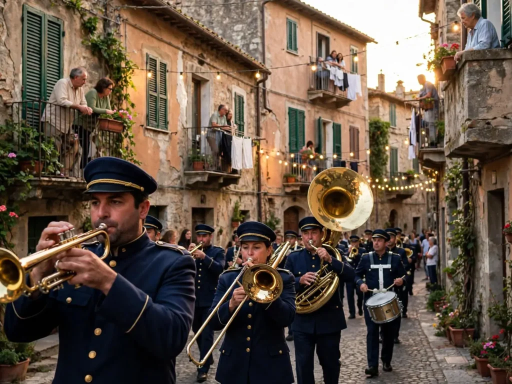 Banda musicale in divisa blu suona trombe e tromboni in un vicolo di paese, con gli abitanti affacciati ai balconi