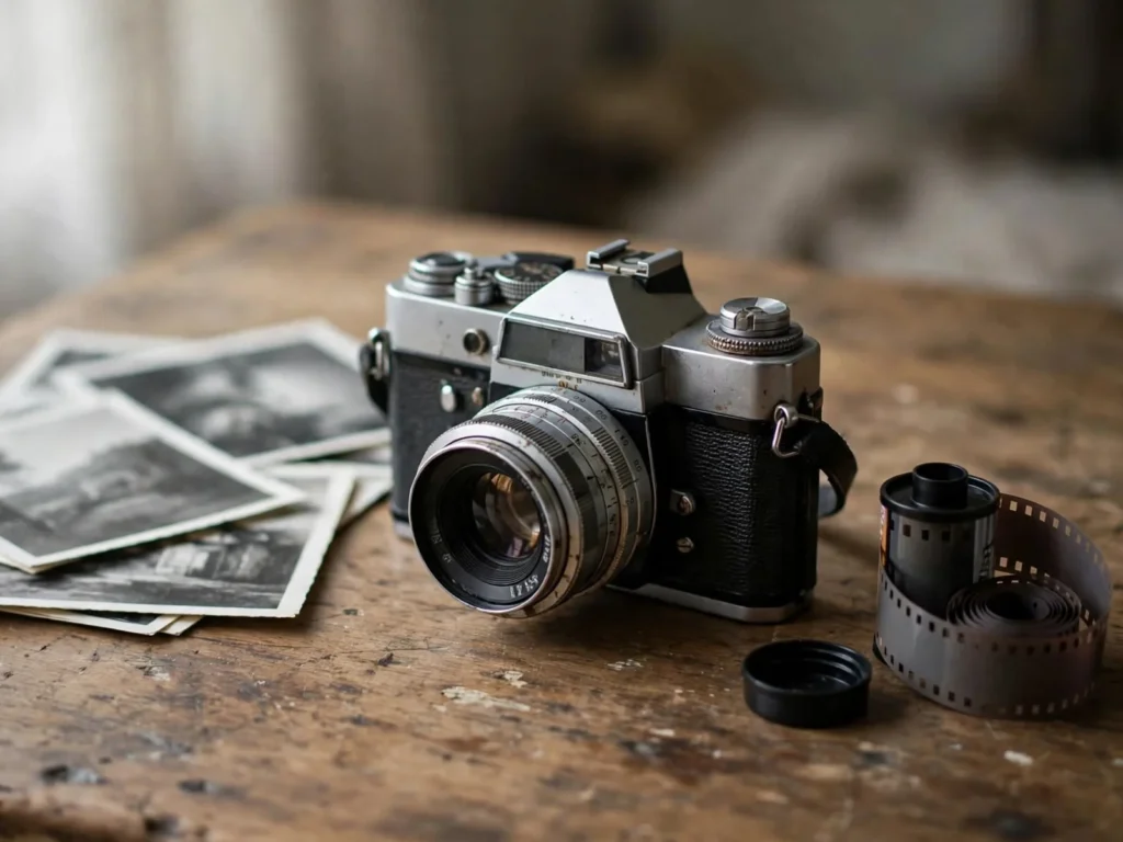 Fotocamera a pellicola d’epoca su un tavolo di legno, accanto a stampe in bianco e nero e a un rullino
