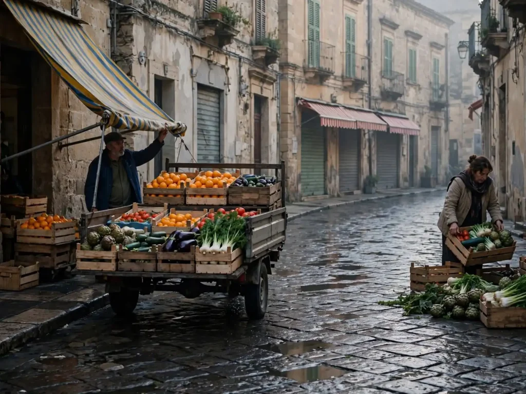 Venditore con un carretto di frutta e verdura in una strada lastricata e bagnata di un paese siciliano, al mattino presto