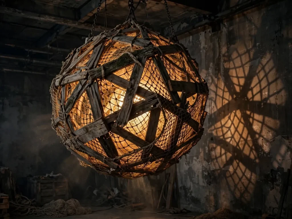 Scultura sferica di legni e reti da pesca illuminata dall’interno, appesa in uno studio buio, con le ombre proiettate sul muro