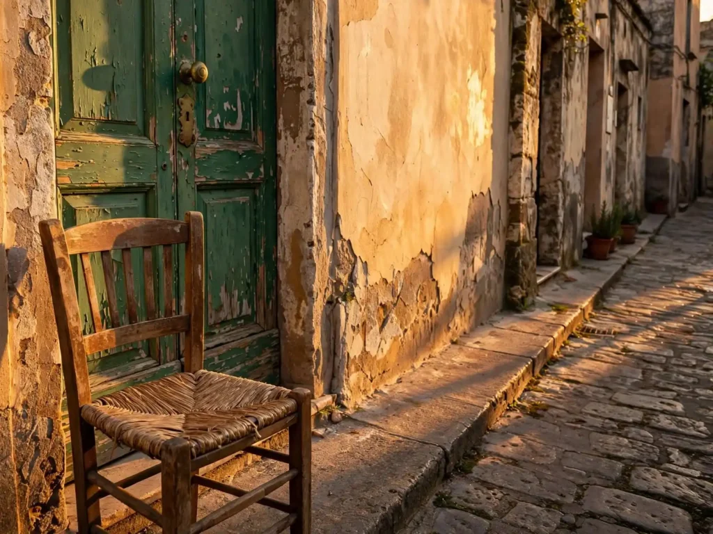 Sedia impagliata davanti a una vecchia porta verde, in un vicolo lastricato di paese illuminato dal sole del tramonto
