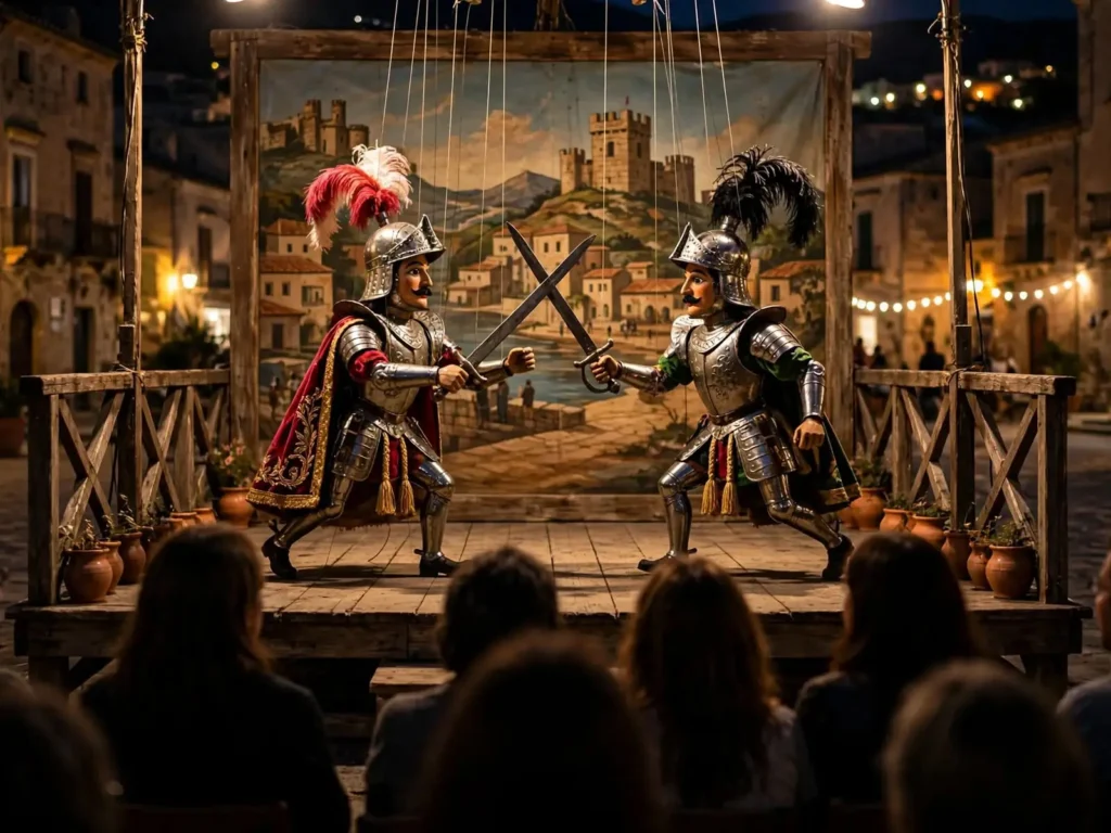 Due pupi siciliani in armatura duellano sul palco di un teatrino all’aperto, di sera, davanti al pubblico