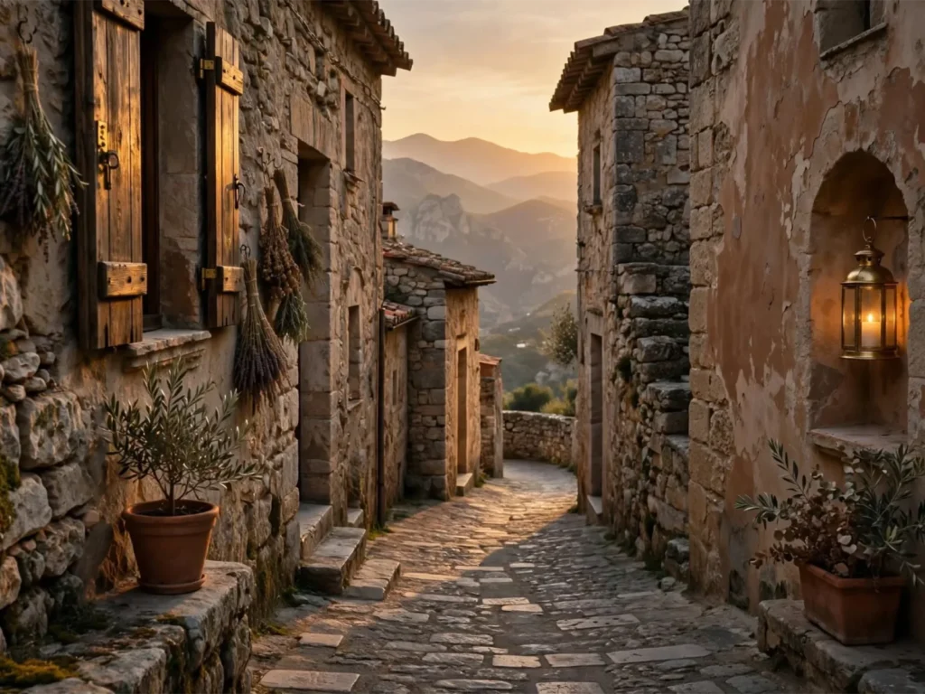 Vicolo in pietra di un borgo siciliano al tramonto, con persiane in legno, erbe secche appese, una lanterna accesa e le montagne sullo sfondo