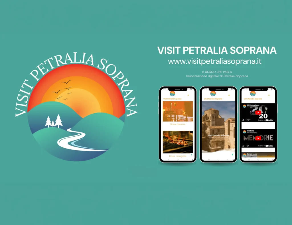 Visit Petralia Soprana: tre smartphone con la WebApp aperta su Dove dormire e Dove mangiare, sulla home del borgo e sui video